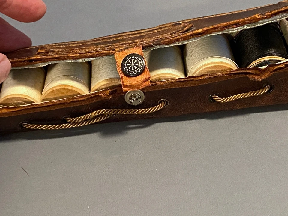 Antique Bronzed Leather Spool Holder Sewing Kit Case Thread Needle Thimble - Image 2 of 4