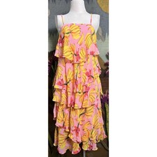 Farm Rio Irregular Pink Banana Tiered Ruffle Midi Dress XS