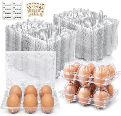 30 PACK Plastic Egg Cartons Cheap Bulk 6 Count Half Dozen Egg Carton | with Date