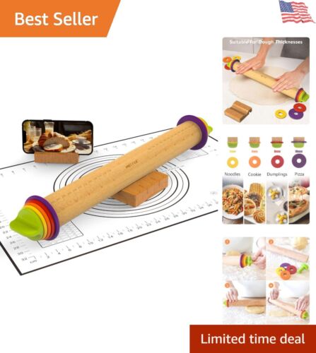 Adjustable Beech Wood Rolling Pin with Thickness Rings and Silicone Pastry Mat