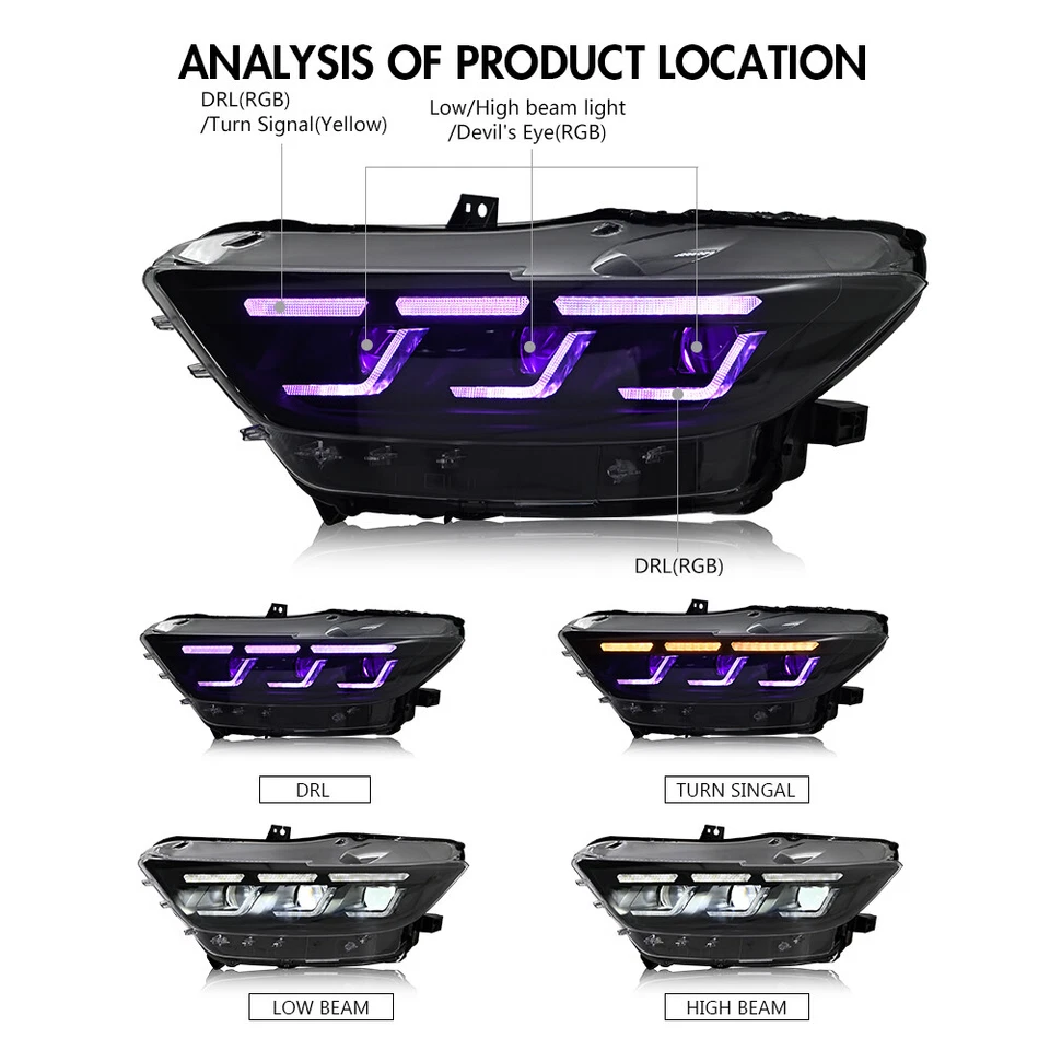 Par de faros LED RGB para Ford Mustang 2015 2016 2017 conjunto de faros delanteros Foto 4 de 4