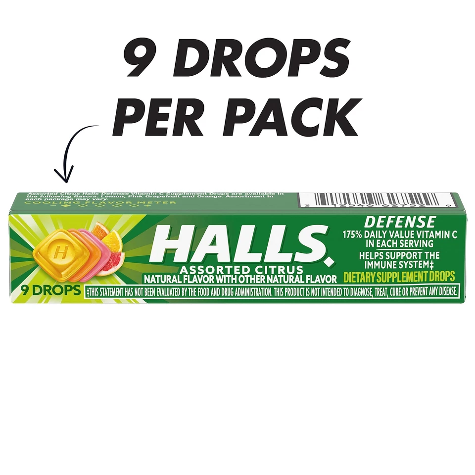 HALLS Defense Surtido Cítrico Vitamina C Gotas, 20 Varillas de 9 Gotas (180 Total Foto 2 de 4