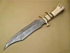 Custom Hand Made Beautiful Damascus Steel Hunting Bowie Knife ,Handle Camel Bone
