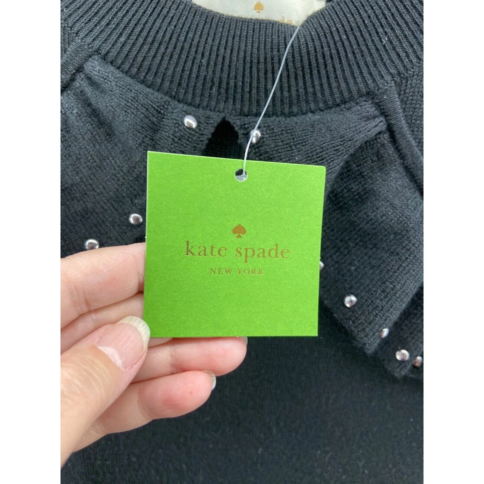 Abito donna Kate Spade nuovo con etichette maglione nero medio arricciato borchie linea A $398