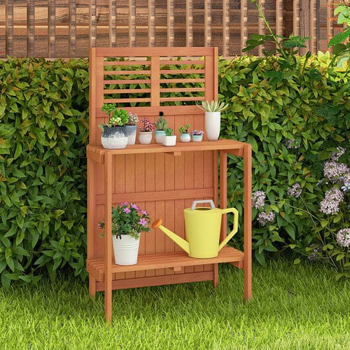 Folding Garden Potting Bench with 2-tier Storage Shelves and Teak Oil Finish for - Picture 2 of 5