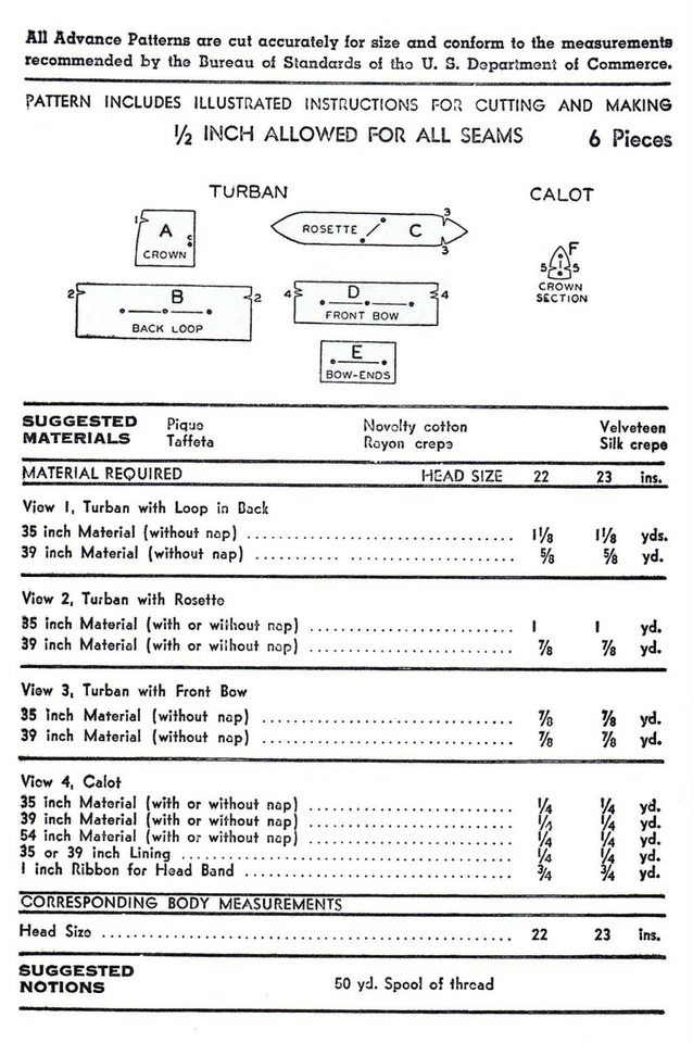 Advance 2506 Turban & Calot Hat Pattern 22" - Image 2 of 4