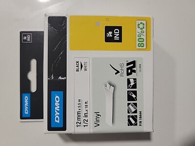 Genuine Dymo 18444 Rhino IND Vinyl Label Tape Black on White 12mm 1/2''