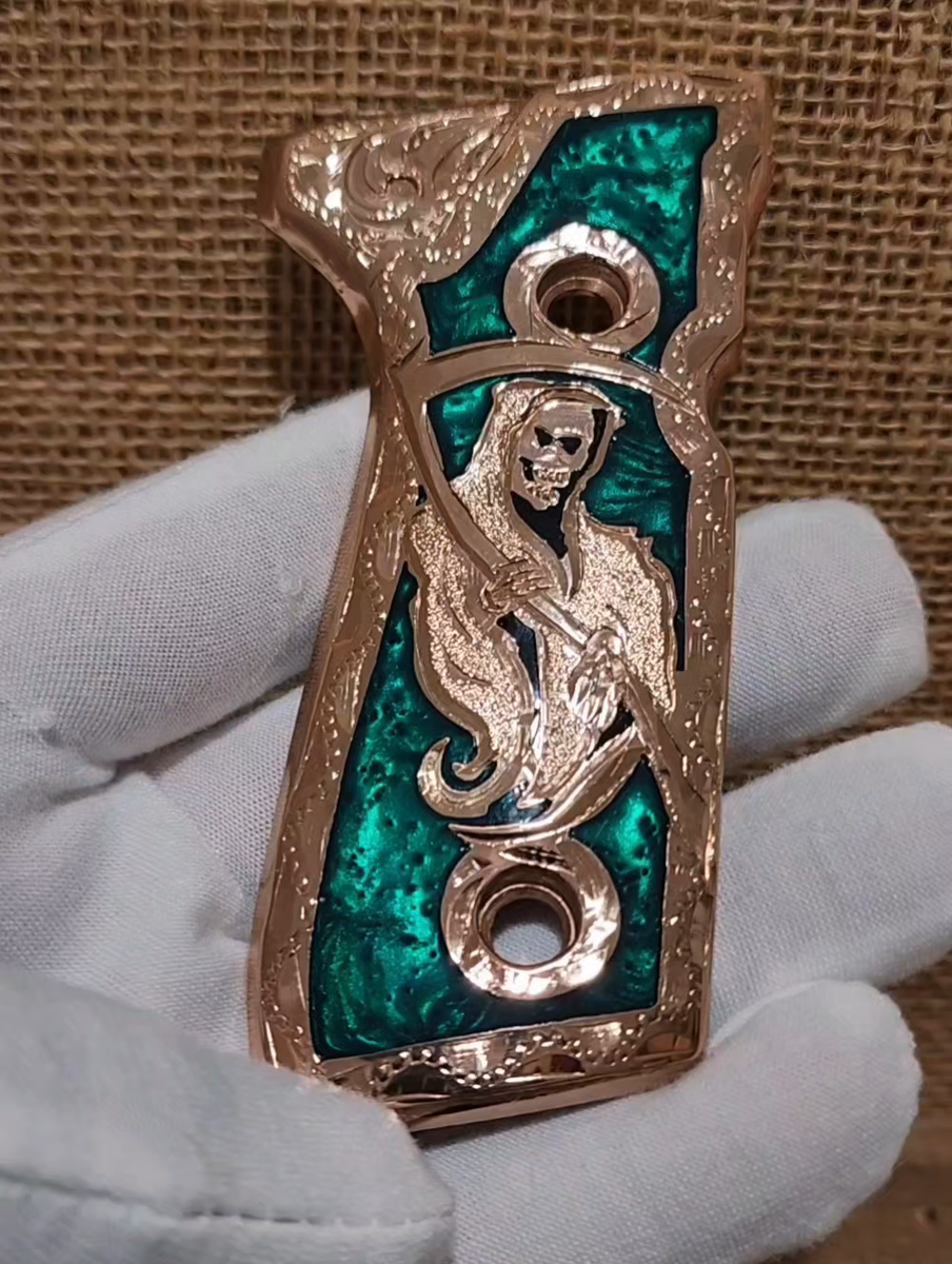 Santa muerte Mexican premium grips cachas green rose gold Plated