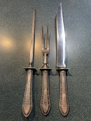 3 Pc Wallace Sterling Handled Orange Blossom Carving Set With Steel Also