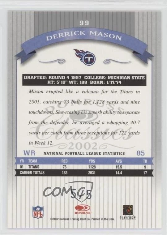 2002 Classics Timeless Tributes National Convention Embossing /5 Derrick Mason - Image 2 of 2