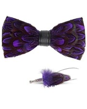 Handmade Feather Pre-tied Bow tie and Brooch Sets for Men for Wedding Purple