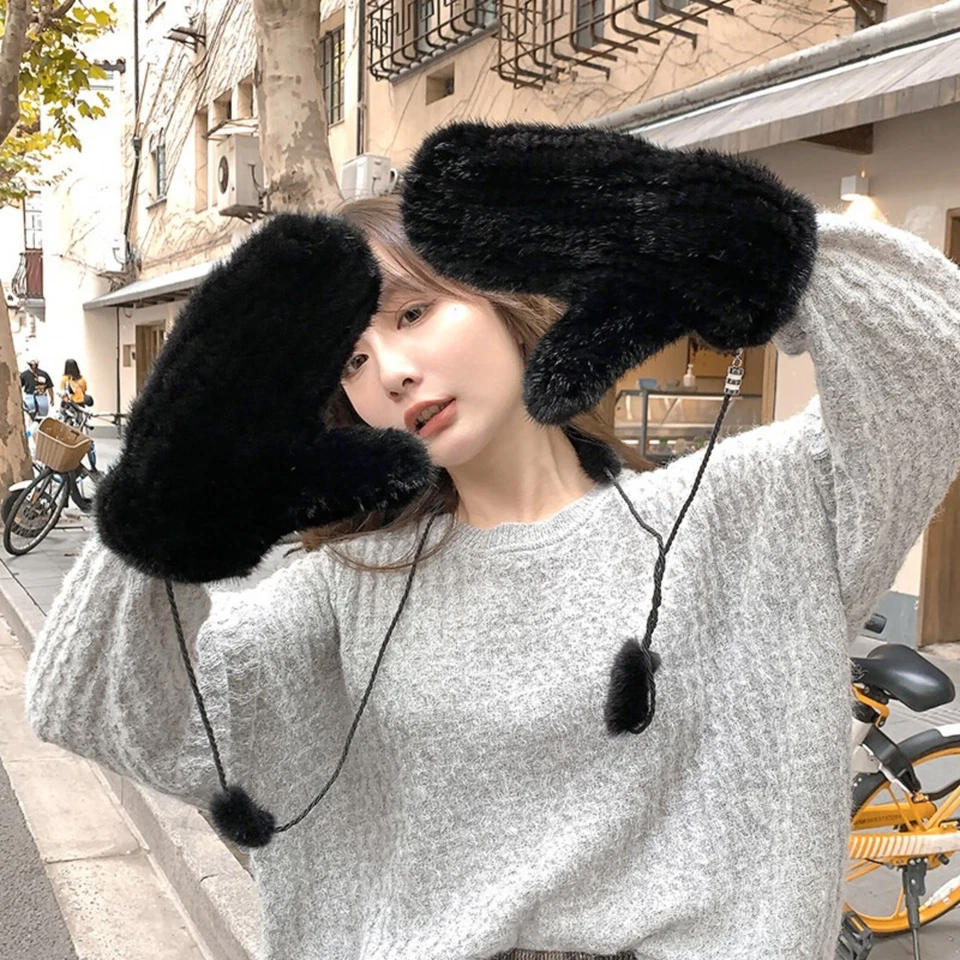 Women's Double Side Real Mink Fur Gloves Warm Knitted Elastic Mittens W String - Image 2 of 4