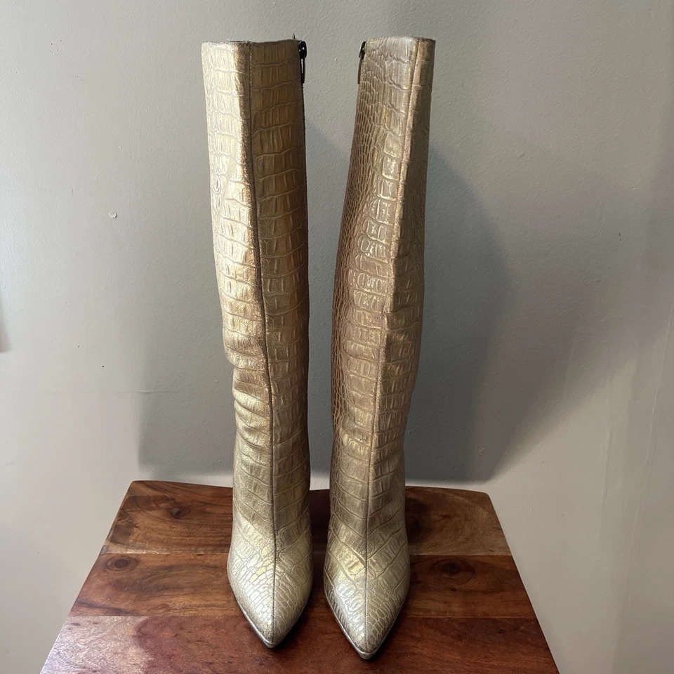 Botas altas Colin Stuart para mujer de cuero dorado de piel de serpiente talla 7,5 hasta la rodilla  Foto 2 de 4