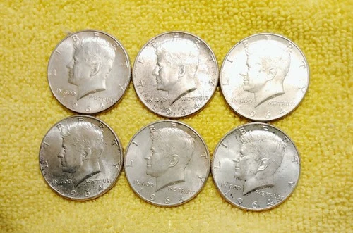 6 1964 Kennedy Half Dollars AU Cartwheel Luster Rosy Tone 90% Silver (3 D Mint)