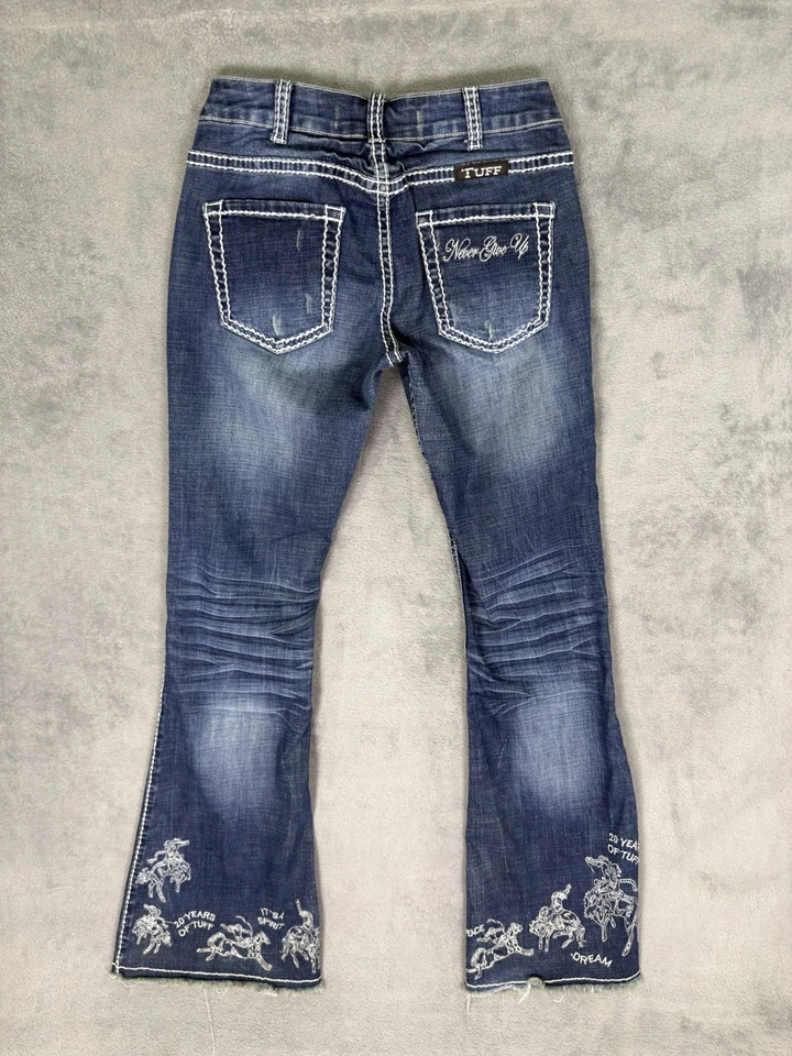 Jeans de toba vaquera para mujer 27x33 azul tiro bajo corte bootcut bordado nunca te rindas Foto 2 de 4