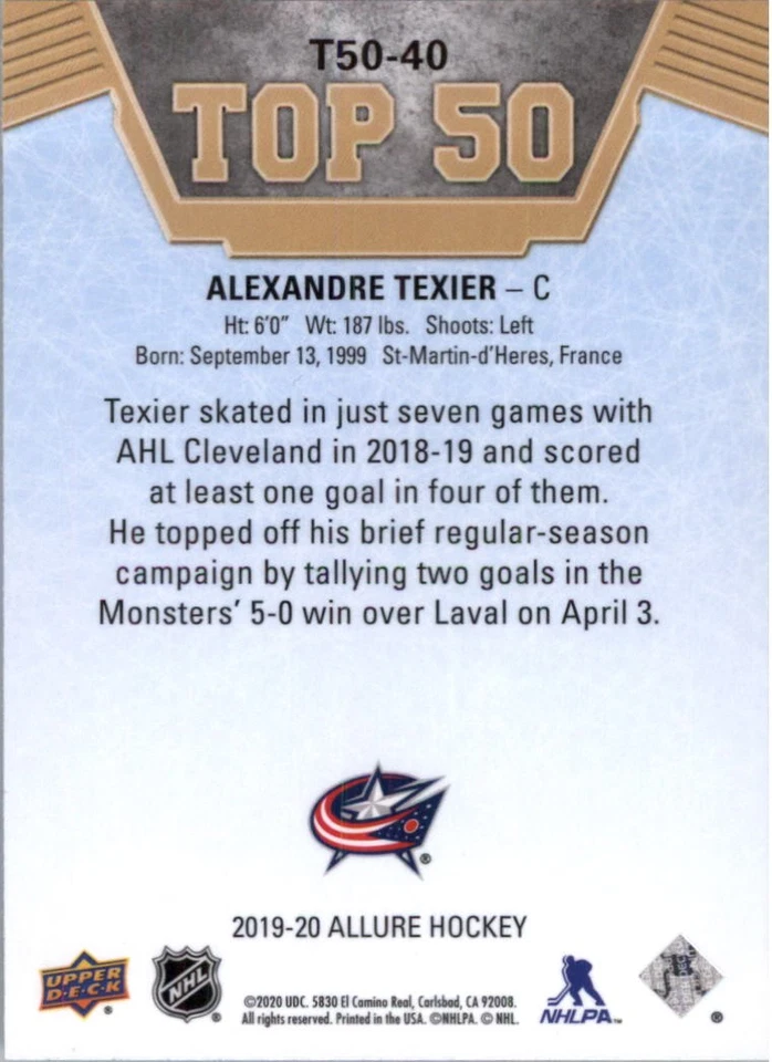 2019-20 Upper Deck Allure Top 50 Blue #T5040 Alexandre Texier - HKY - Image 2 of 2