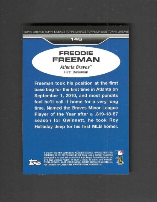 2011 Topps Lineage #146 Freddie Freeman RC Rookie Atlanta Braves Baseball Card - Picture 2 of 2