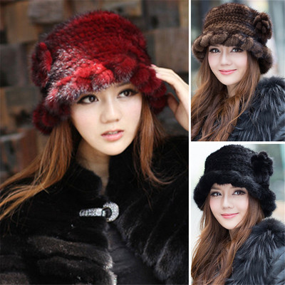 Natural Mink Fur Ladies Hat Cap Mink Hat Women, Real Fur Knitted Hat With Fox Fur Trim  main image 2