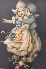 Vintage Framed Holland Dutch Boy & Girl Dried Flowers Print Under Glass Couple