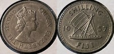 Fiji 1957 1 Shilling Elizabeth II KM-23 Copper-nickel Sailboat aUNC #91