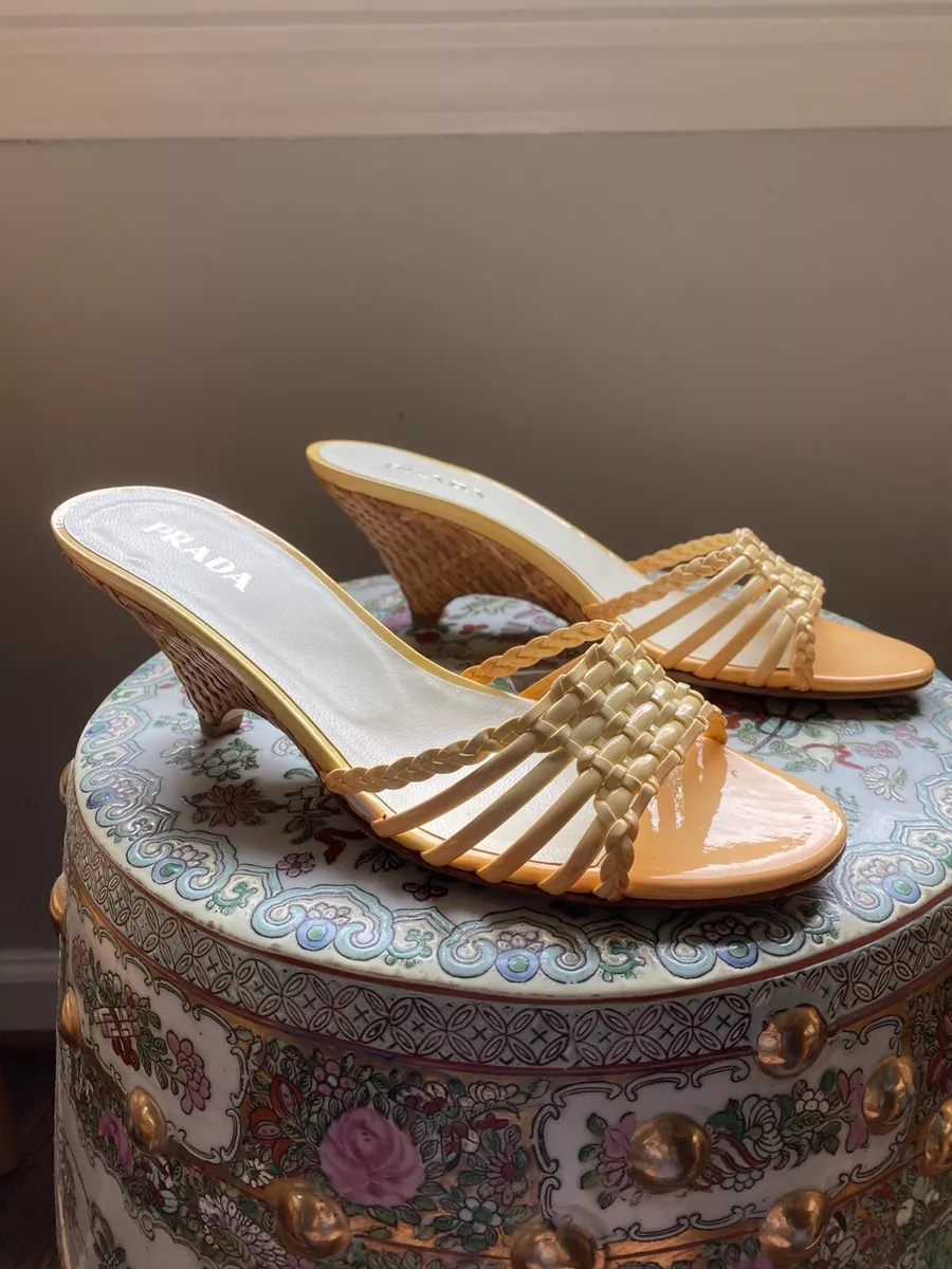 PRADA Calzature Donna Vernice Weave Rattan Wedge Sandal Orange Sz 38