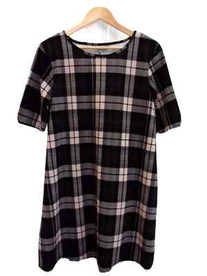 Pfauen Kariert Ausgestellt Kleid Damen A-Linie Schwarz & Beige Kurzarm Größe 14