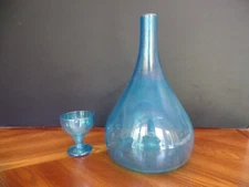 Blenko-Style Blue Iridescent 11" Decanter & Stem Hand Blown