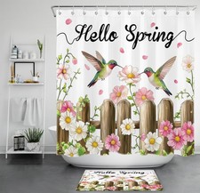 Cute Hummingbird Pink Floral Hello Spring Shower Curtain Set for Bathroom Decor