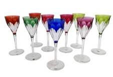 9 Val St. Lambert Belgium Multi-Colored Glass Wine Goblets in Gevaert