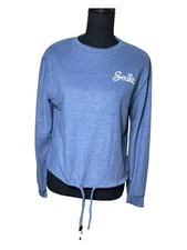 Dirtee Laundry Shirt Women's Small Blue Smile Stretch Drawstring Hem Long Sleeve