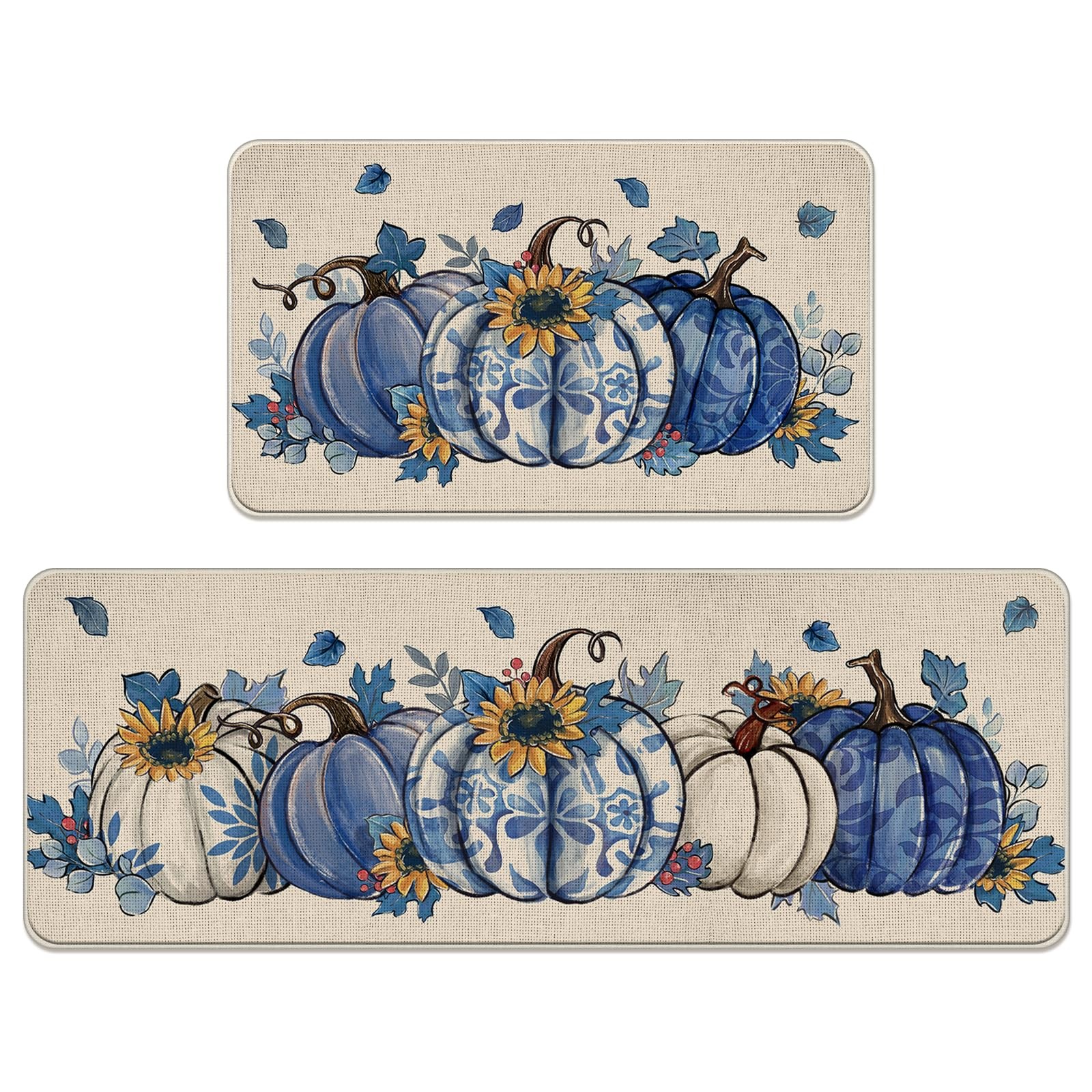 Fall Blue and White Porcelain Pumpkin Kitchen Rugs Set of 2, Autumn Sunflower...