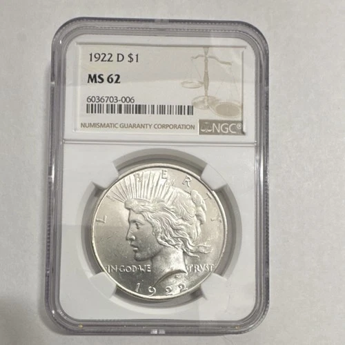 1922 D Peace Dollar MS 62 NGC Certified $1 Silver Coin