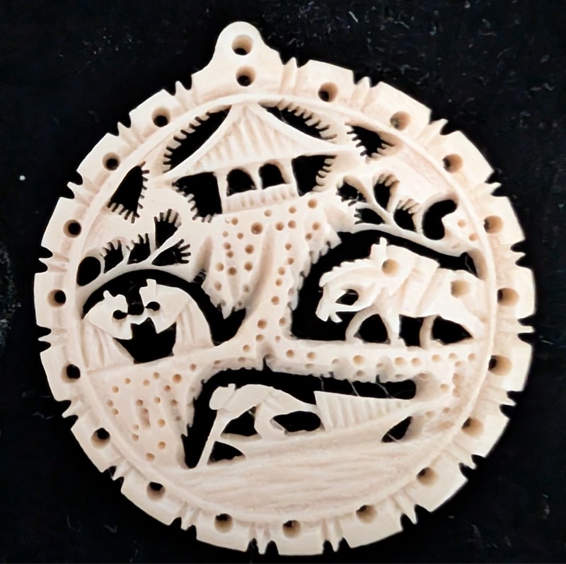 Vintage CARVED Celluloid Chinese Pendant Early Plastic Asian Scenic Design