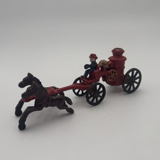 Vintage Cast Iron Toy, 2 Horses Pulling Wagon With Fire Pumper Fireman