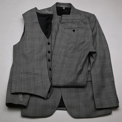 Express 36R 28x32 Glenn Check Photographer Slim 3 Piece Vest Jacket Pants Suit