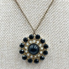 Vintage Silver Tone Black Flower Statement Necklace Rhinestone Pendant Retro 18"