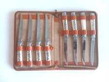 Vtg 1950s Set of 8  Ivory Silver Color Inlay Steak Knives Solingen Germany Case