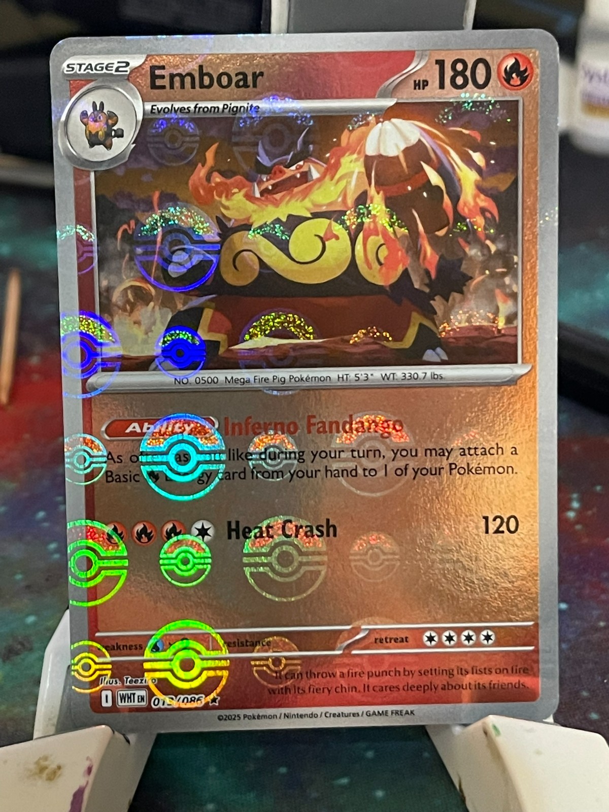 POKEMON EMBOAR 013/086 RARE HOLOFOIL POKEBALL PATTERN WHITE FLARE NM CARD