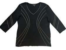 Ming Wang Tunic Sweater Top Sz L Blk V-Neck Metallic Gold Studs Pullover Elegant