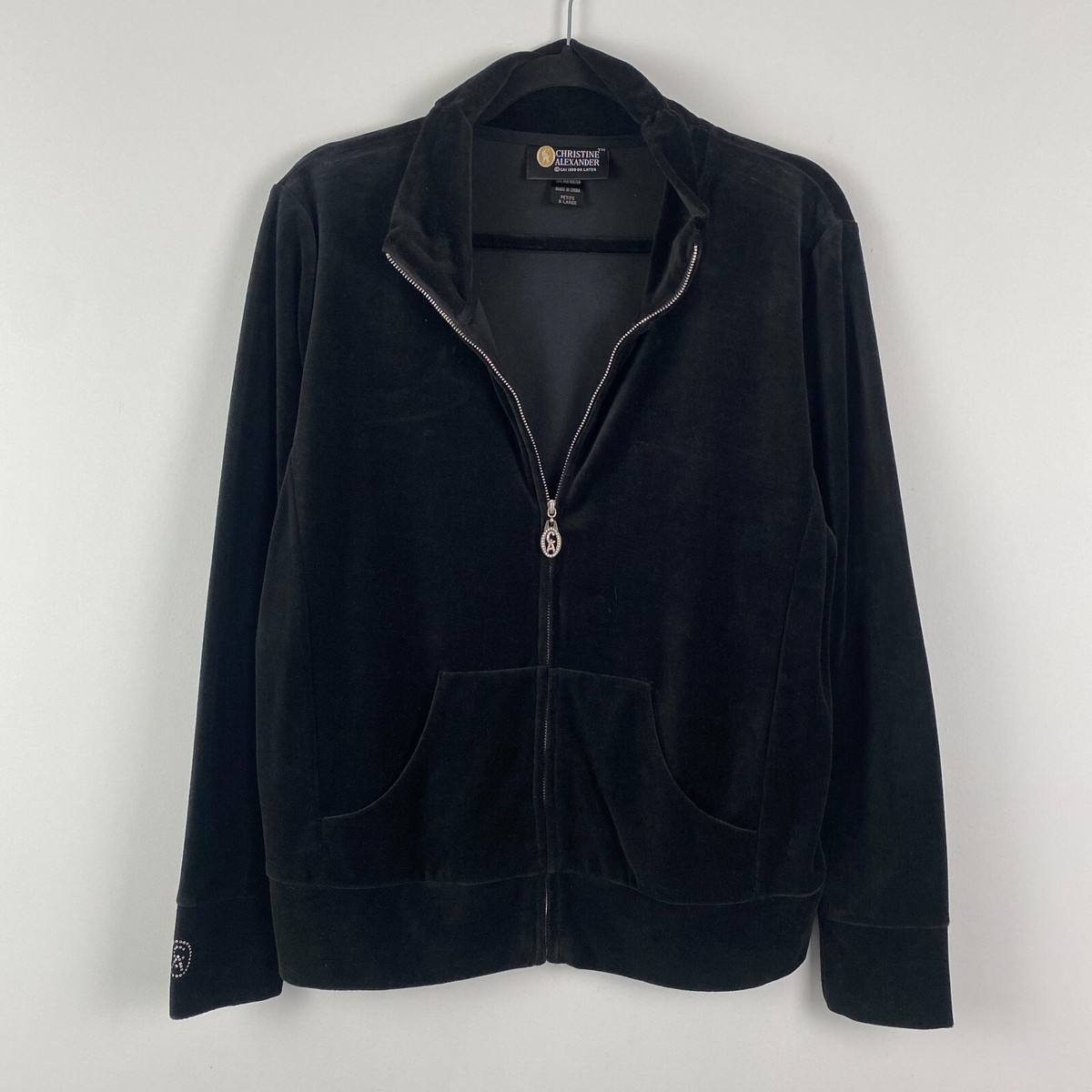 Christine Alexander Velour Track Jacket Womens Petite XL Black