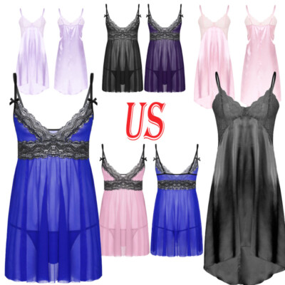 US Men Sissy Sheer Babydoll Lingerie Lace Trim Chemises Deep V Neck Nightdress