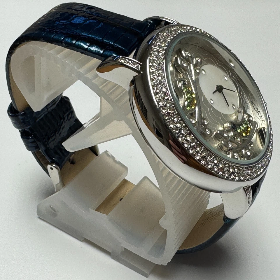 Reloj de Cuarzo Strada Unisex Plateado Estrás Cuero Azul Analógico Batería Nueva Foto 3 de 4