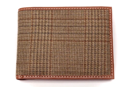 Mens Handmade Bifold Wallet Italian Leather Tweed Brown Glen Plaid Gift for Him