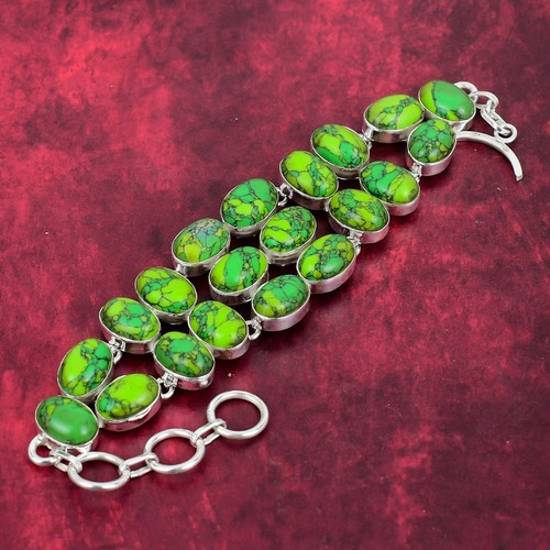 Green Copper Turquoise Gemstone Handmade 925 Sterling Silver Jewelry Bracelet - Picture 3 of 6