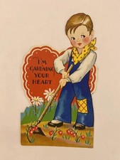 Antique Gardening Valentine Card Americard USA 1930s Vintage Holiday Hoe
