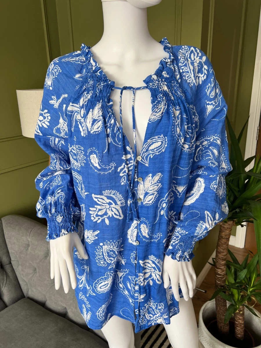 Blouse Tunique Zara à Imprimé Graphique Bleu Et Beige - Taille M - Neuf Avec étiquettes