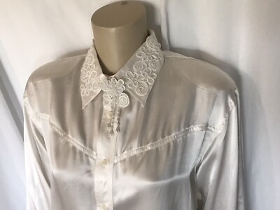 Oversized White Silk Western Blouse with Pearl and Bead Button Covers, X-Small