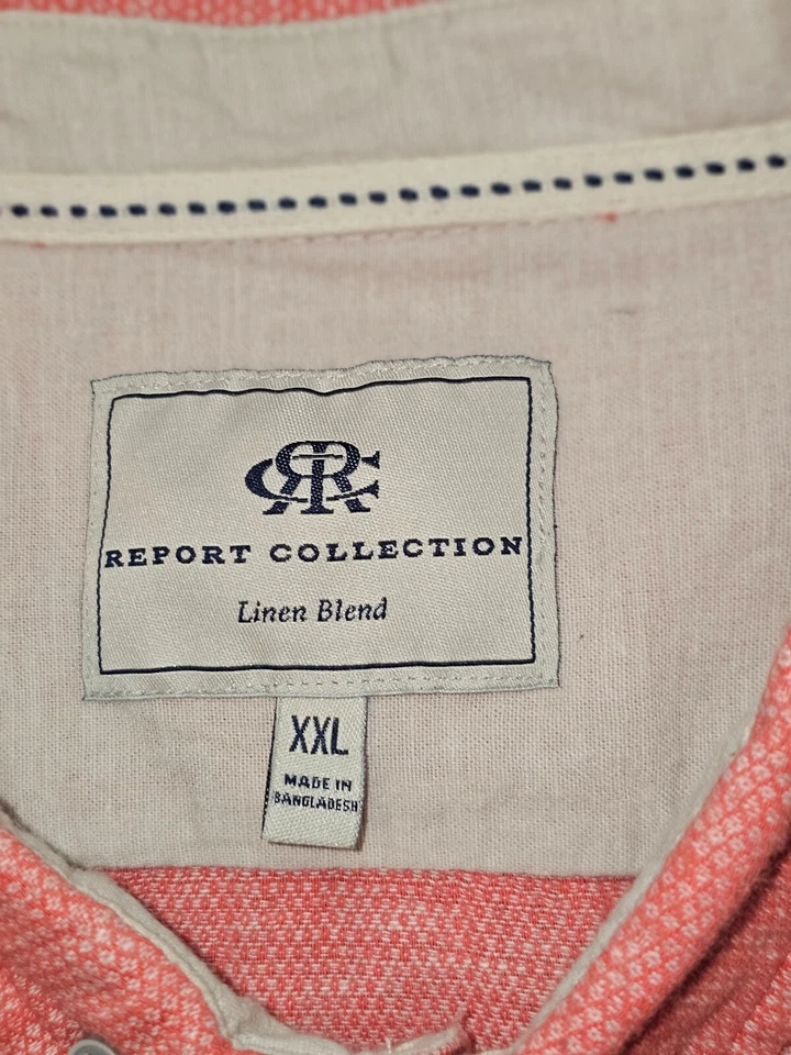 Report Collection Short Sleeve Button Down Shirt 100% Linen Coral Orange Mens 2X - Image 4 of 4