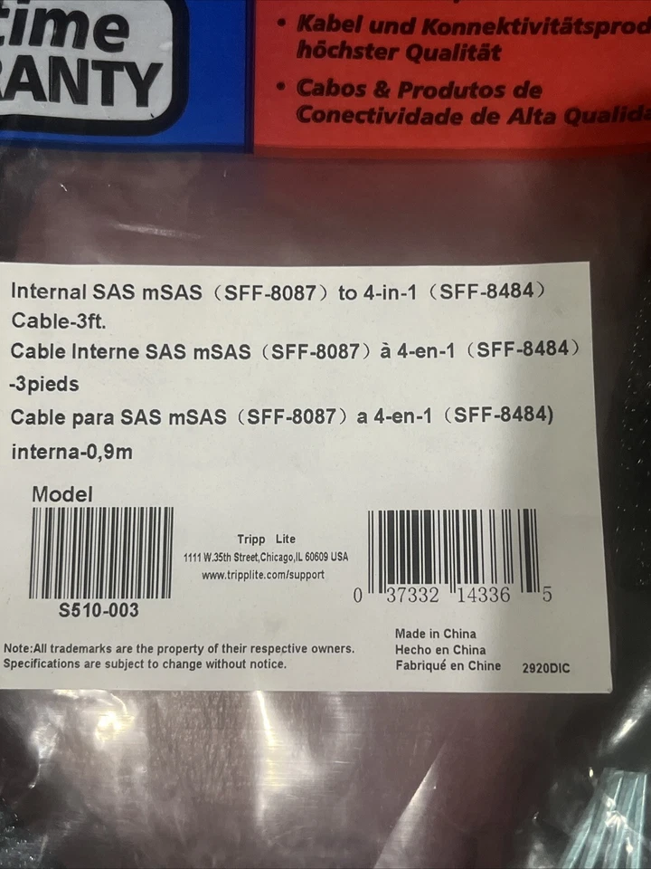 Tripp Lite S510-003, 3ft Internal SAS Cable mSAS SFF-8087 to 4in1 32pin SFF-8484 - Image 2 of 2