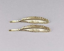 set 2 gold feather bobby leaf bobbi pins clip barrette hairpin accessory